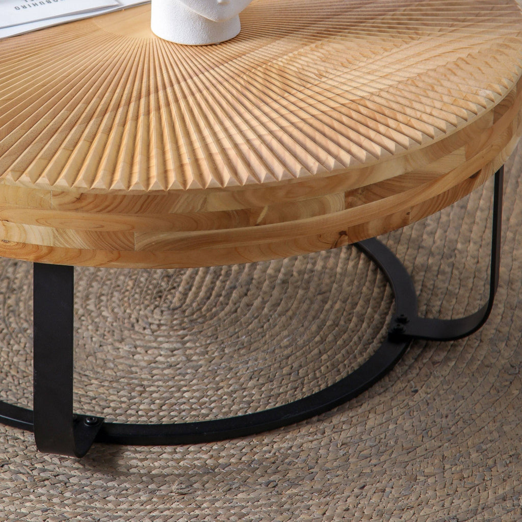 Round Wood Coffee Table with Carved Top and Metal Legs