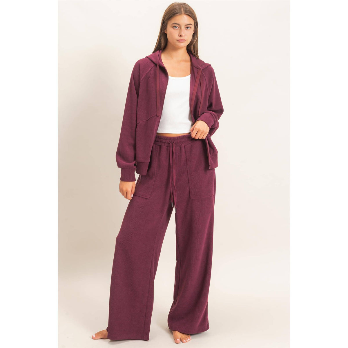 Waffle Knit Drawstring Wide Leg Pants