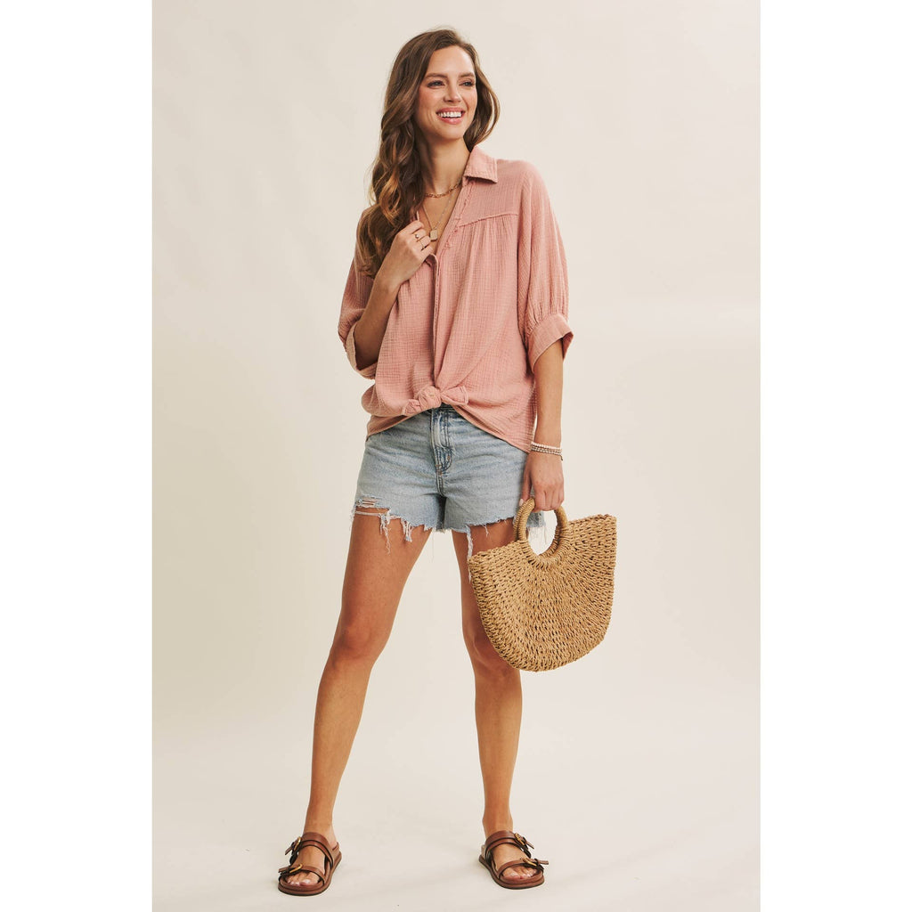 BREATHABLE MINERAL-WASHED COTTON GAUZE BUTTON-DOWN SHIRT