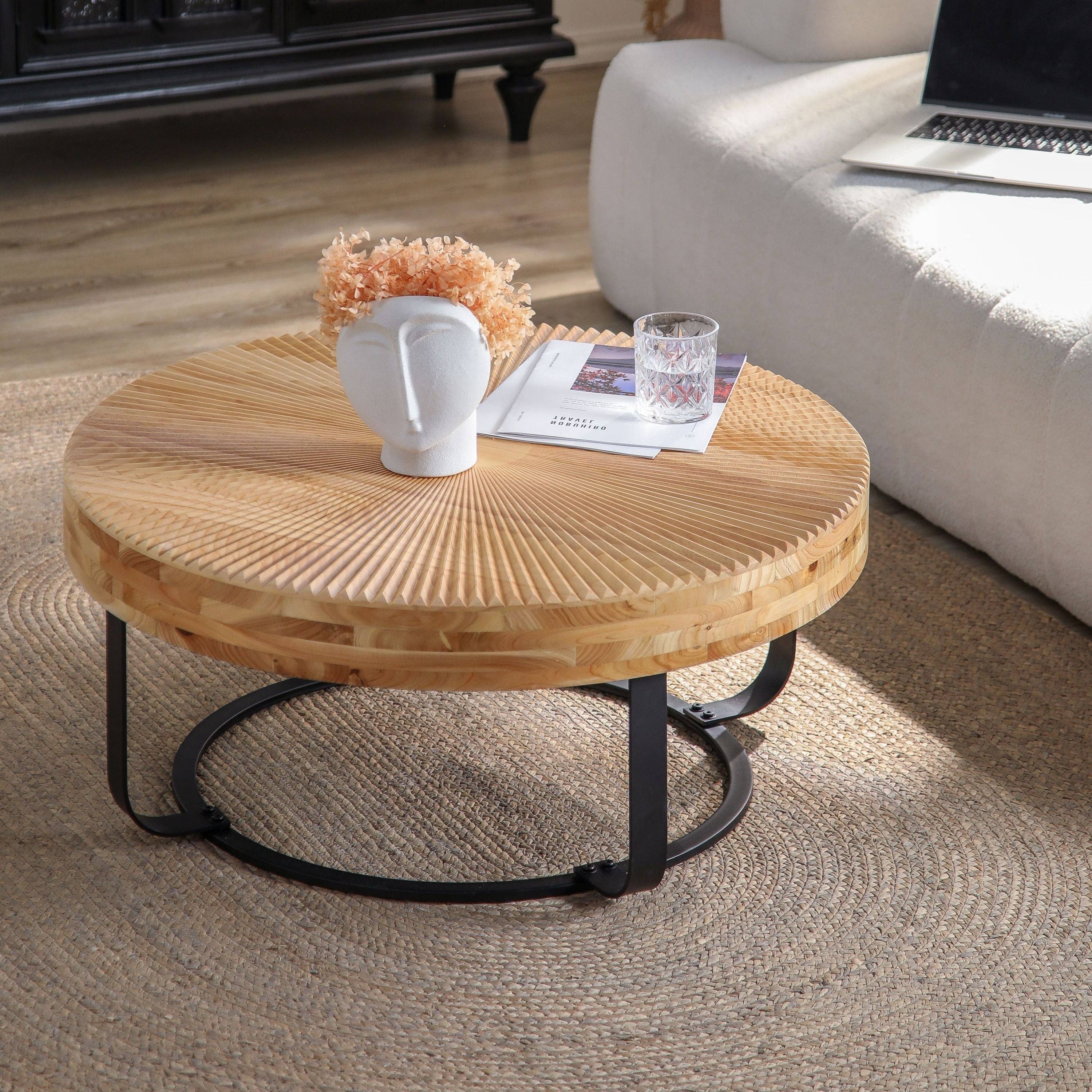 Round Wood Coffee Table with Carved Top and Metal Legs