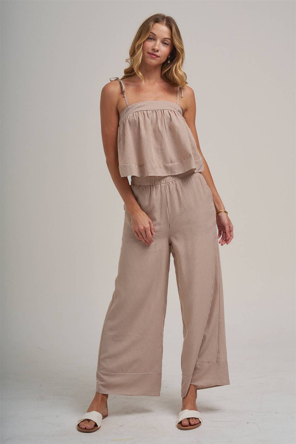STRIPED TWO PIECE SET WITH FLOWY CAMI TOP AND WIDE LEG PANTS