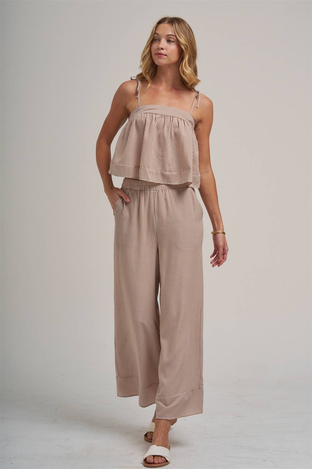 STRIPED TWO PIECE SET WITH FLOWY CAMI TOP AND WIDE LEG PANTS