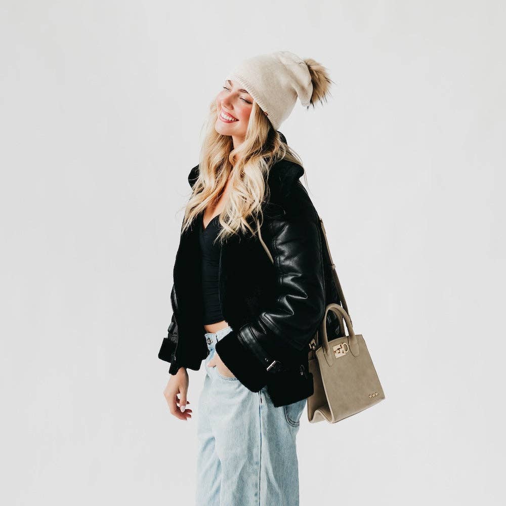 Fine Knit Fur Pom Slouchy Beanie