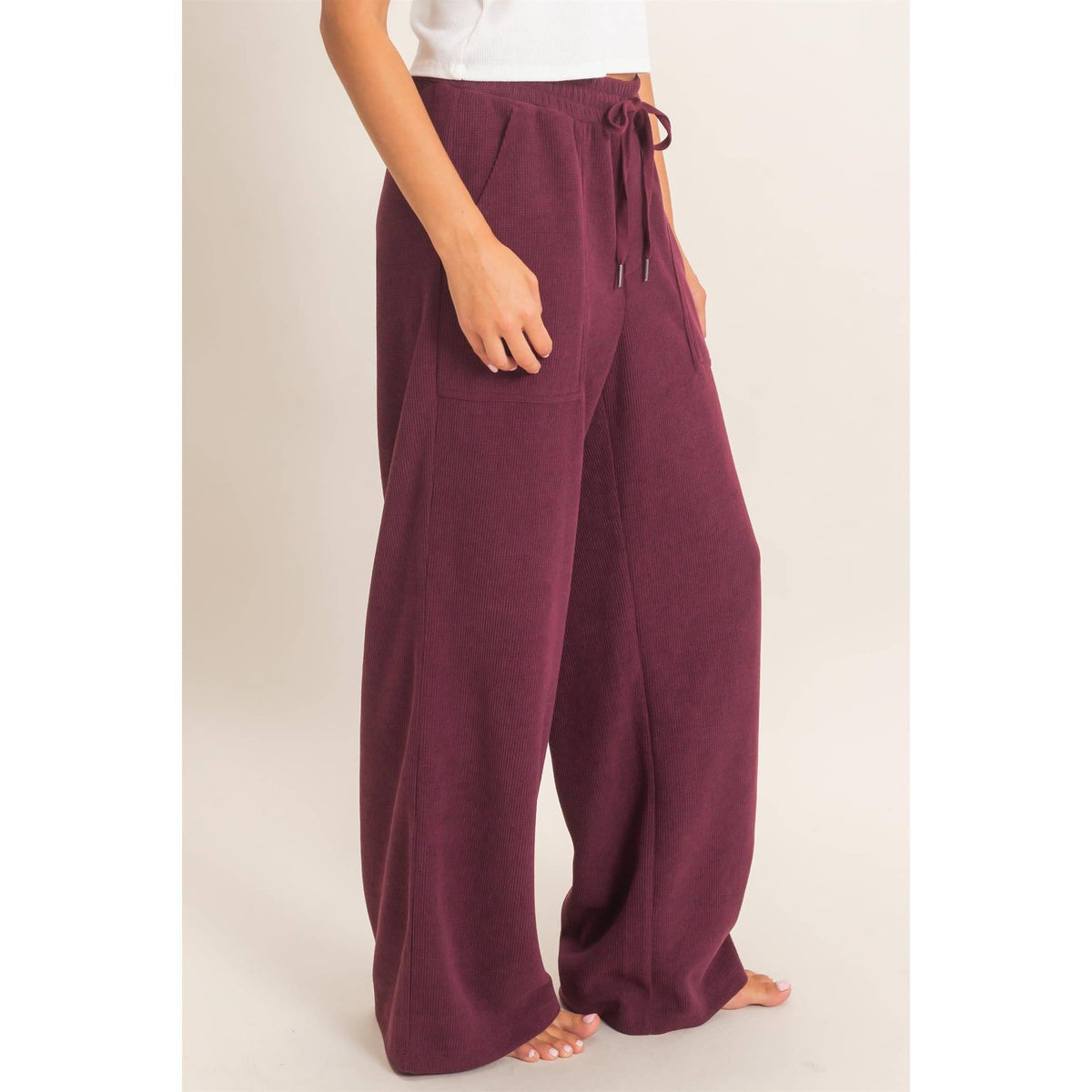 Waffle Knit Drawstring Wide Leg Pants