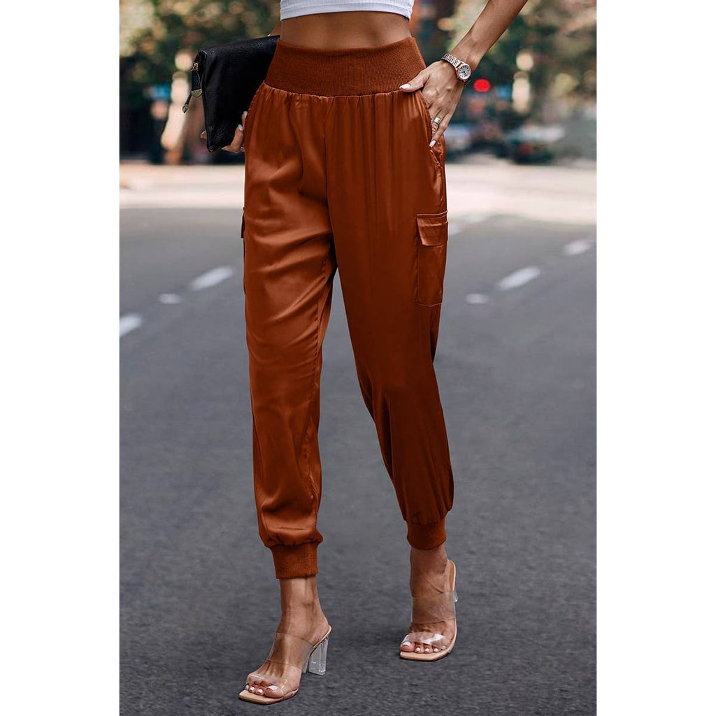 High Waist Long Pant Trousers With Pocket Satin Jogger Pants