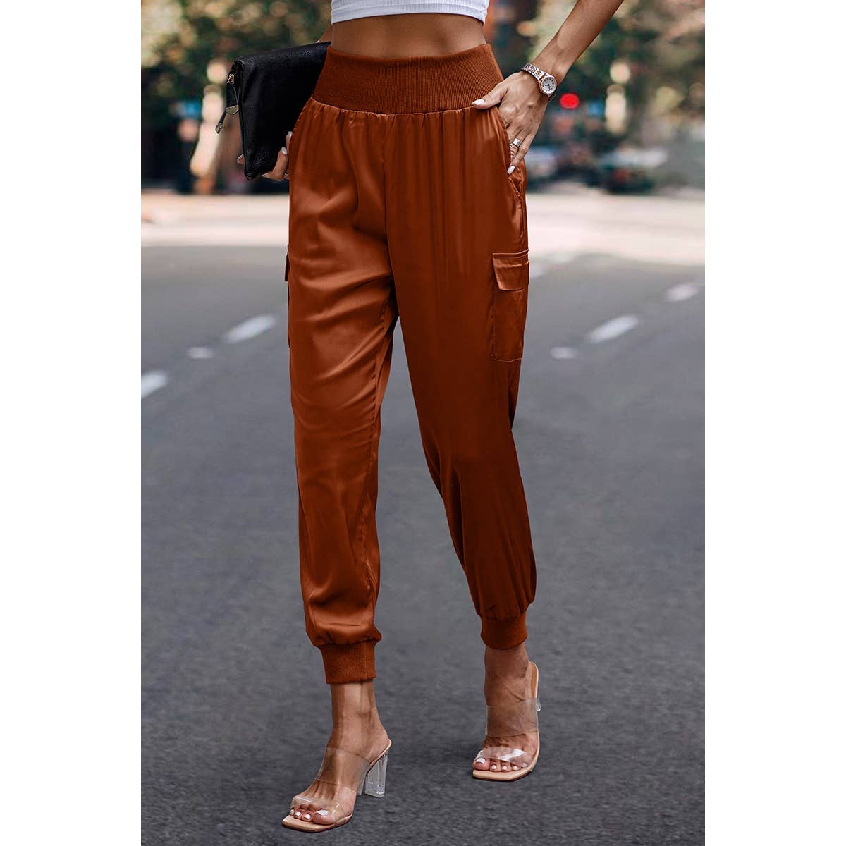 High Waist Long Pant Trousers With Pocket Satin Jogger Pants