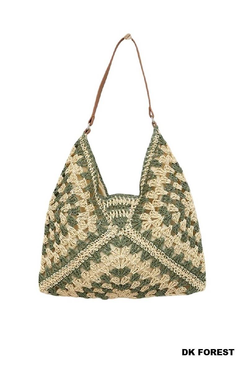 Vintage Woven Straw Crochet Bucket Shoulder Bag