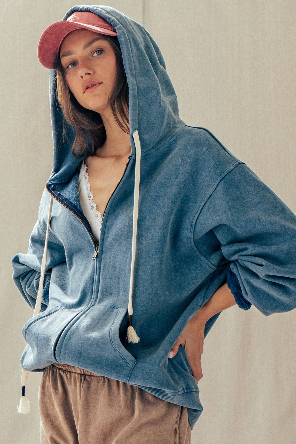 Vintage-Wash Zip-Up Hoodie
