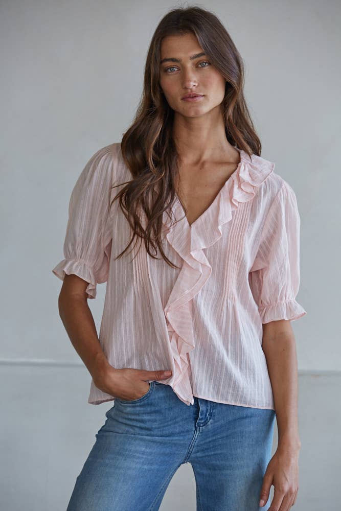 Woven Cotton Buttondown V-Neck Short Sleeve Top