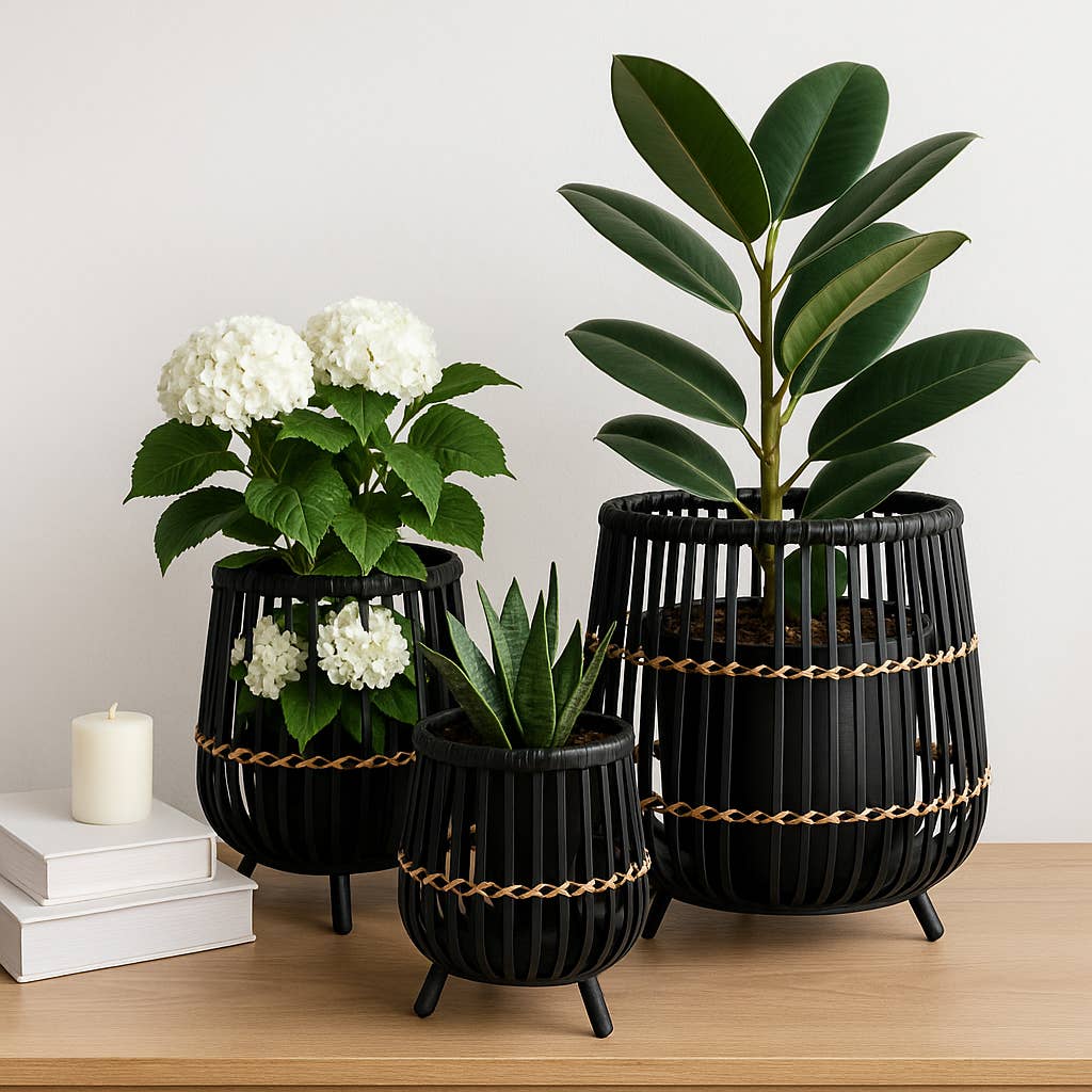 Planters - Black Bamboo Wood Footed, 10/14/17 in.