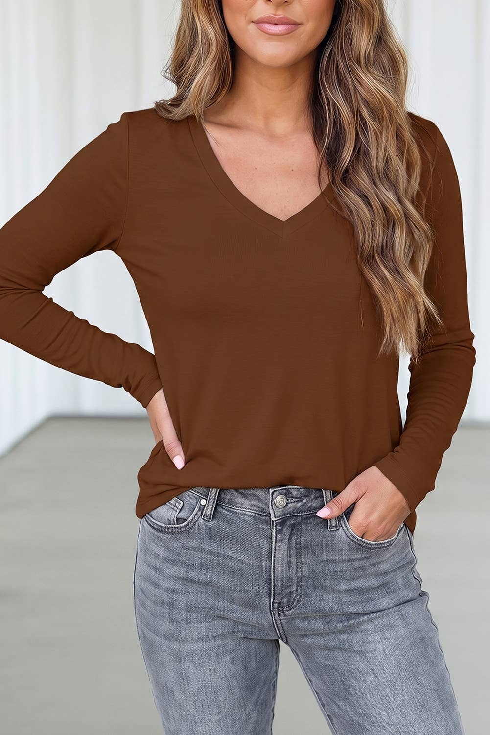 LAS-LIVE Solid Slim Fit V Neck Stretchy Top (S-XL)