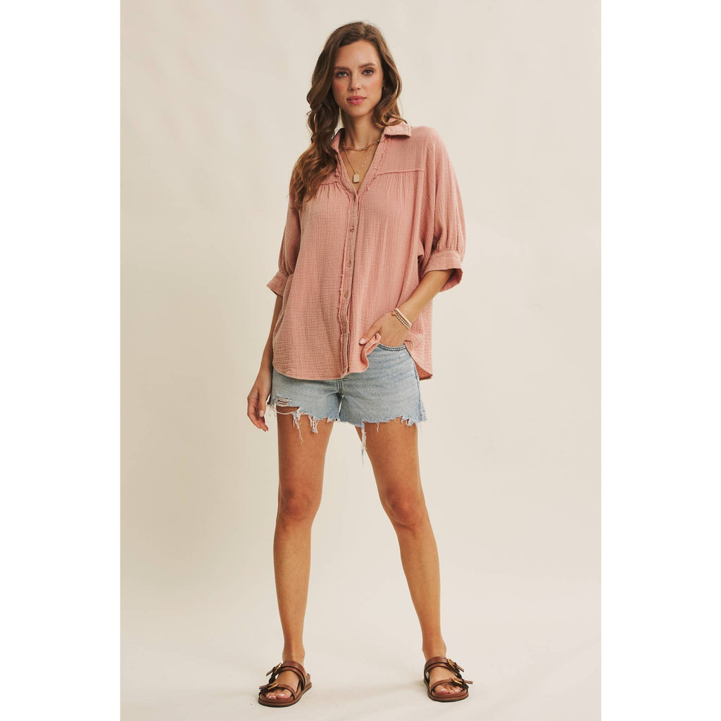 BREATHABLE MINERAL-WASHED COTTON GAUZE BUTTON-DOWN SHIRT