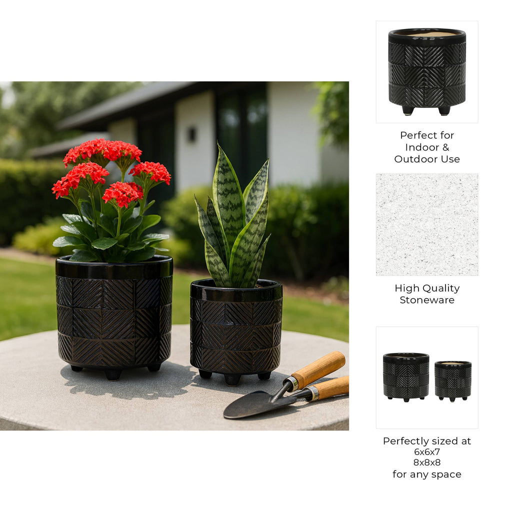 Black Ceramic Round Textured Planter