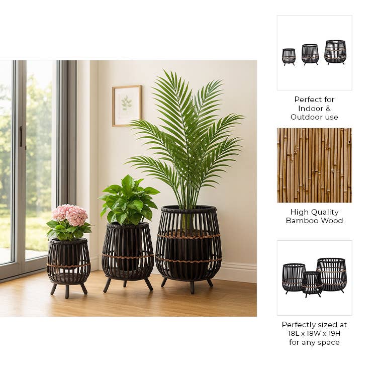 Planters - Black Bamboo Wood Footed, 10/14/17 in.