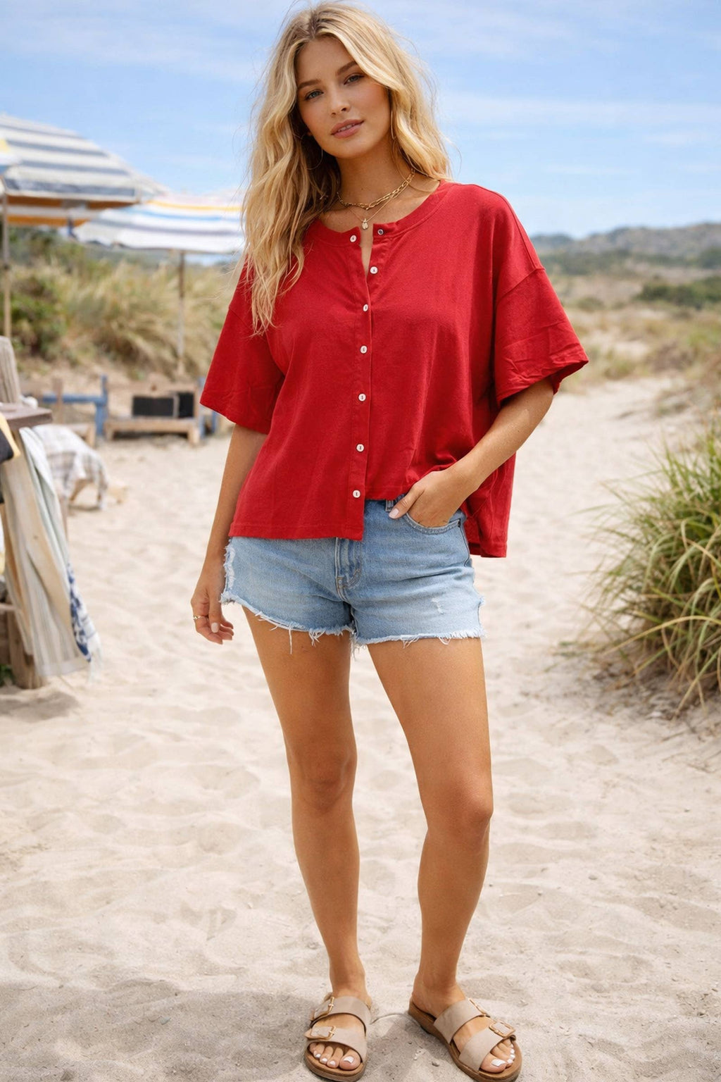 Oversized Button Front Stretch Lightweight Knit Top