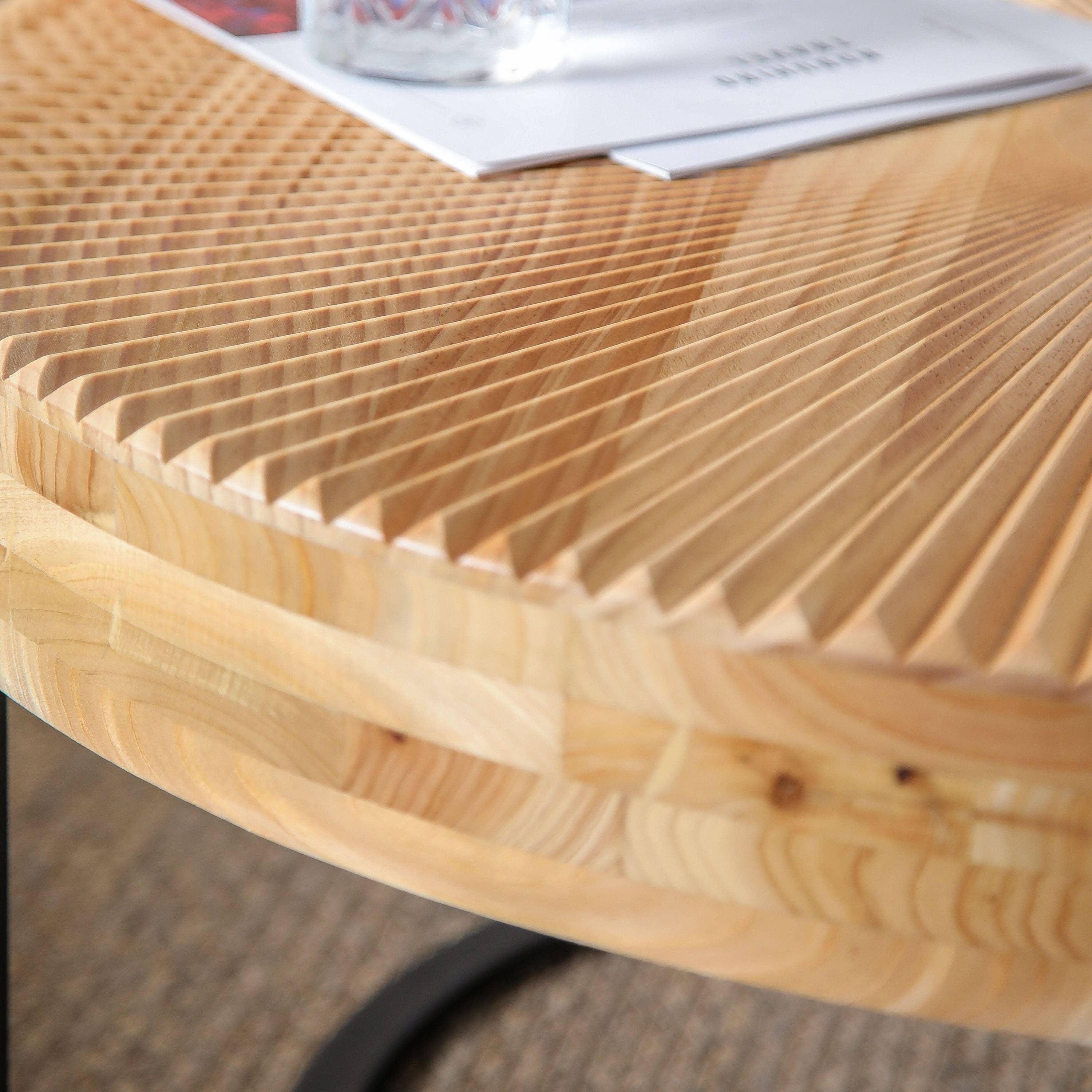 Round Wood Coffee Table with Carved Top and Metal Legs
