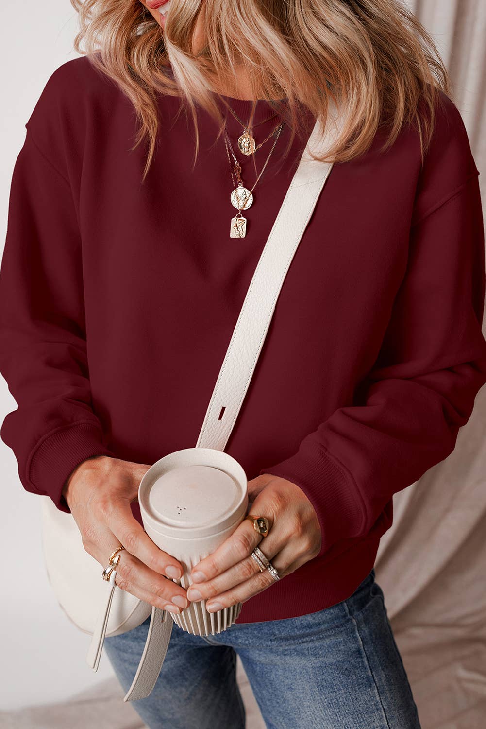 Solid Fleece Lined Drop Shoulder Terry Sweatshirt