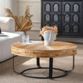 Round Wood Coffee Table with Carved Top and Metal Legs
