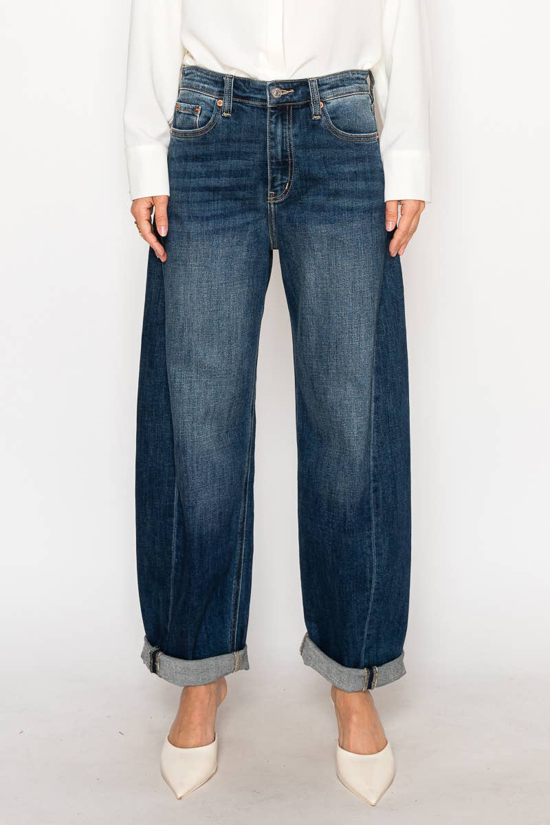 HIGH RISE RELAXED TAPERED DARK WASH BARREL JEANS … PREMIUM