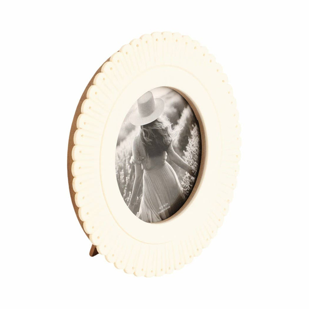 Photo Frame - Ivory Resin Round Solid Etched Petal, 4x4 in.