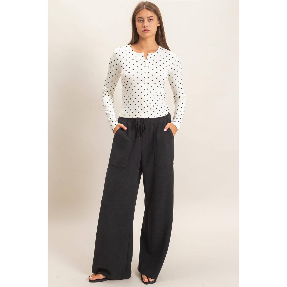 Waffle Knit Drawstring Wide Leg Pants