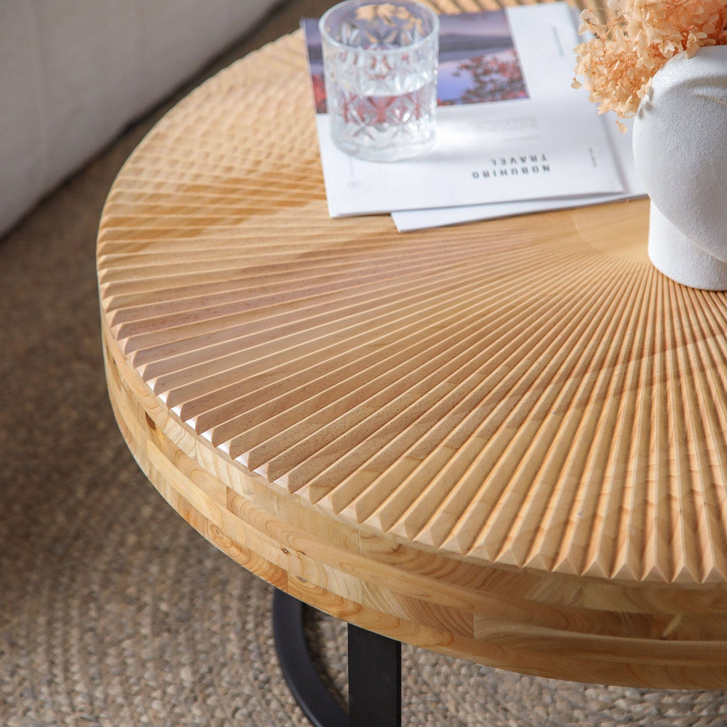 Round Wood Coffee Table with Carved Top and Metal Legs
