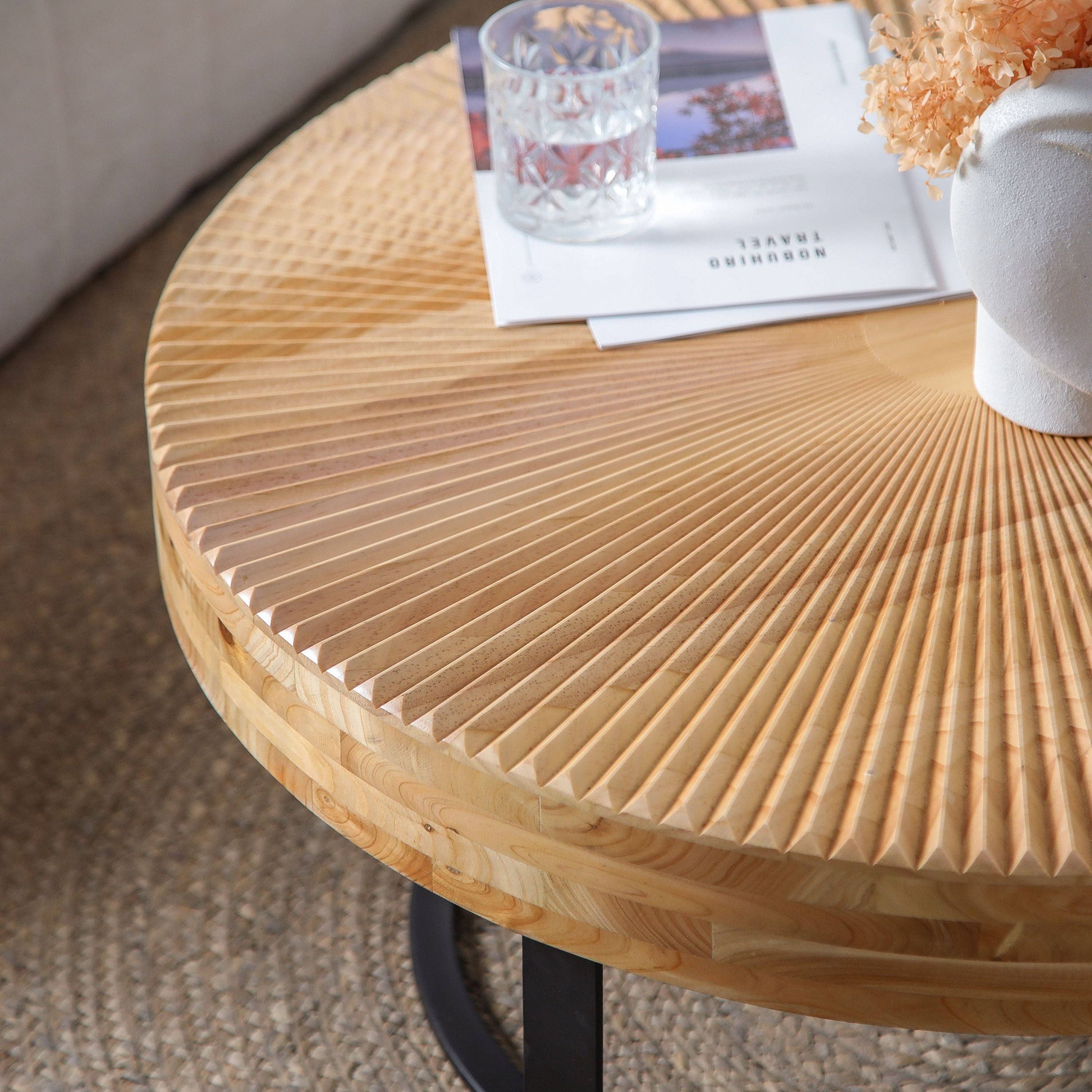 Round Wood Coffee Table with Carved Top and Metal Legs