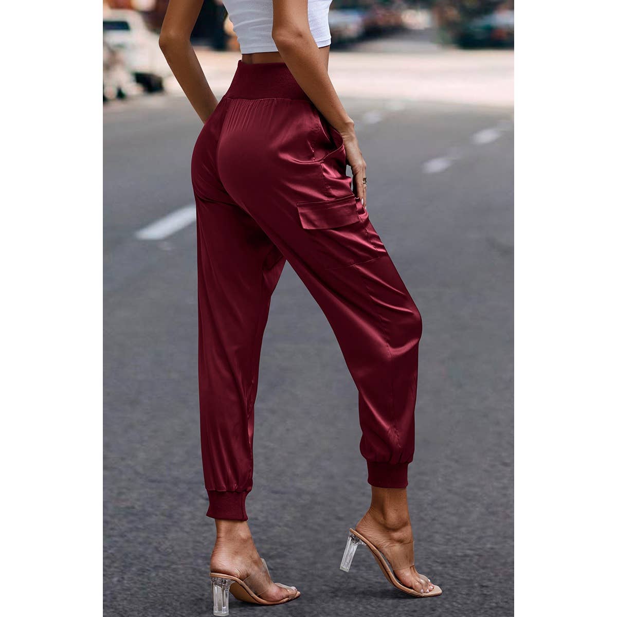 High Waist Long Pant Trousers With Pocket Satin Jogger Pants