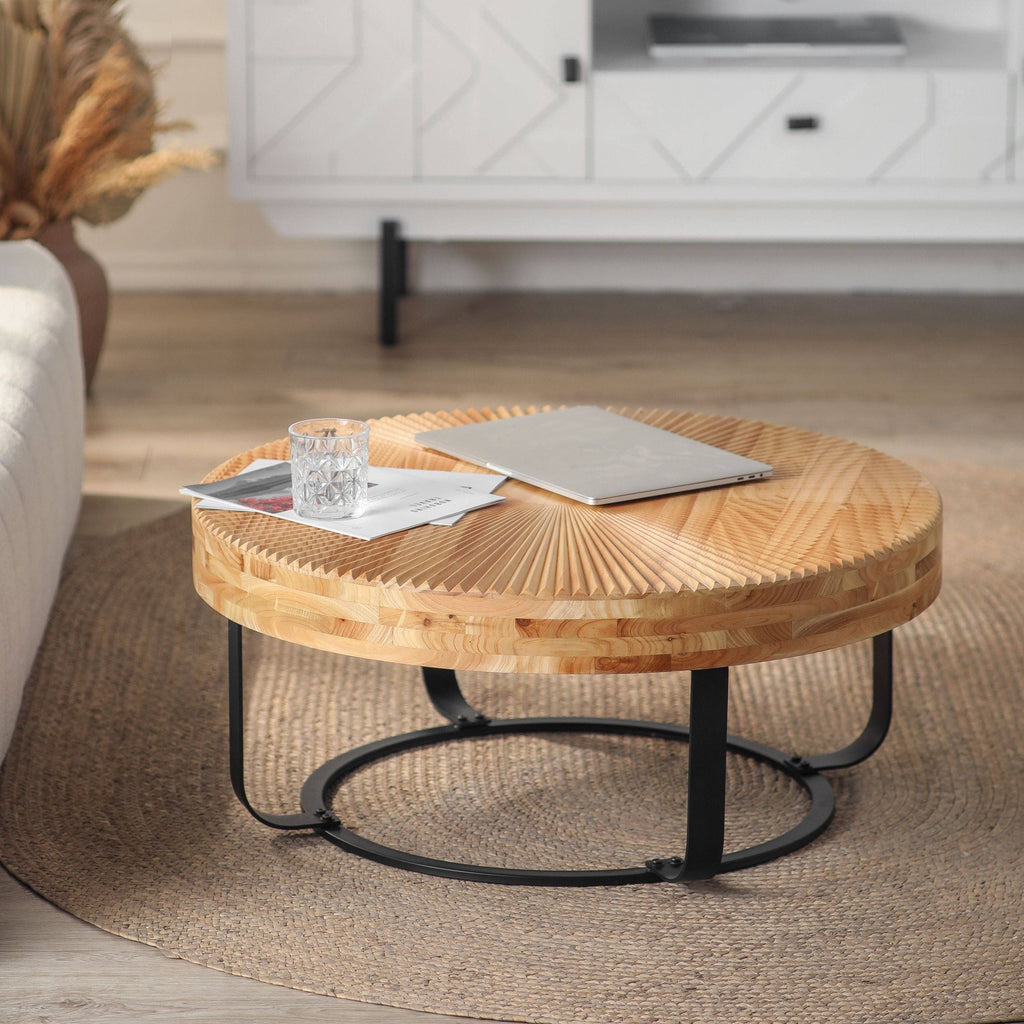 Round Wood Coffee Table with Carved Top and Metal Legs