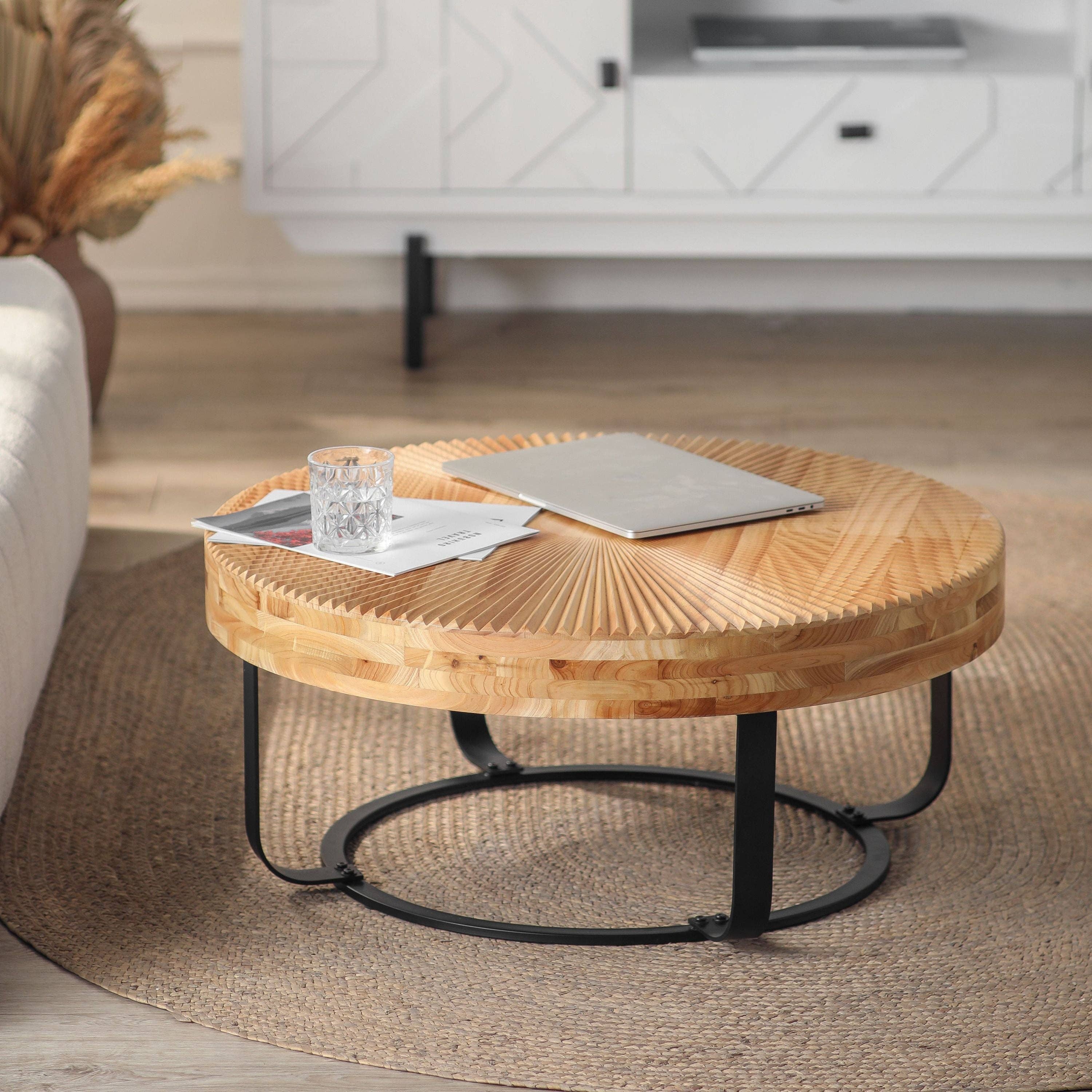 Round Wood Coffee Table with Carved Top and Metal Legs