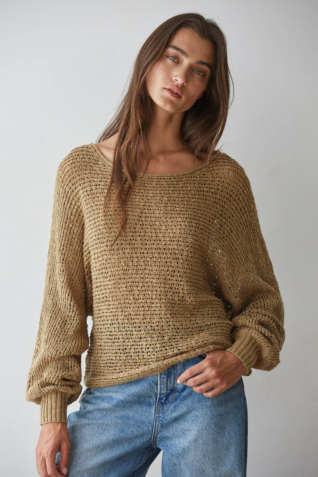 Sweater Knit Crochet Round Neck Long Sleeve Top