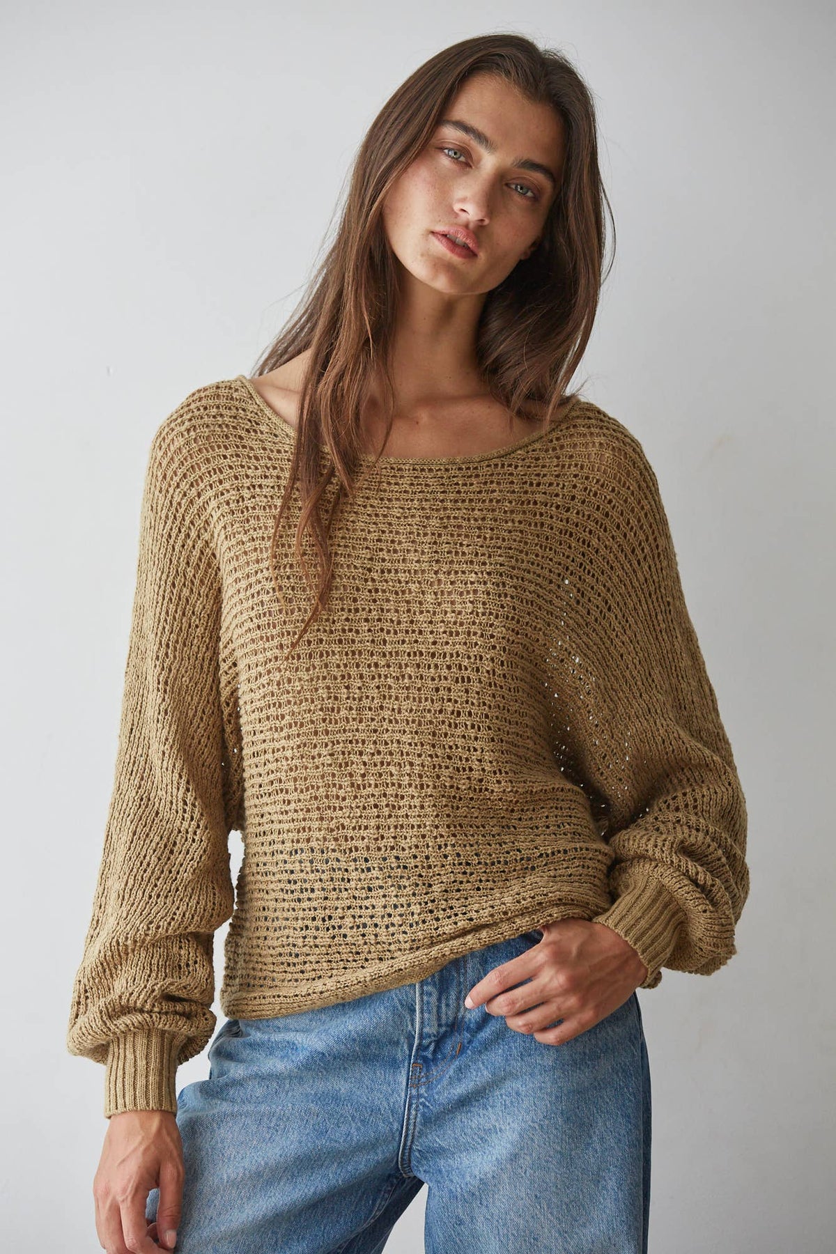 Sweater Knit Crochet Round Neck Long Sleeve Top