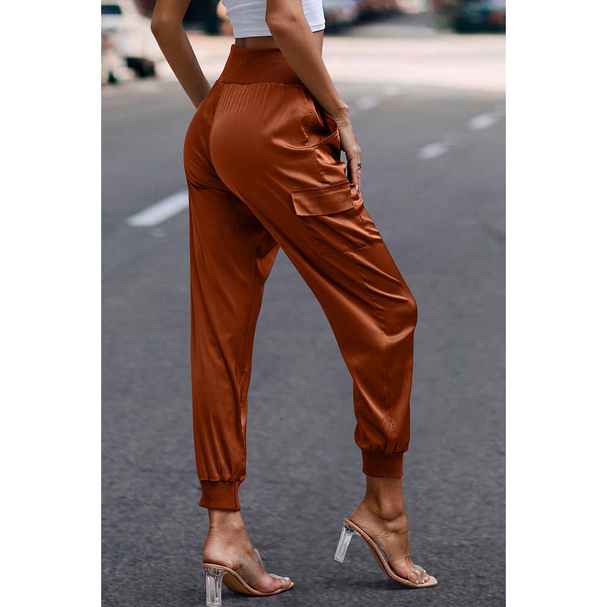 High Waist Long Pant Trousers With Pocket Satin Jogger Pants