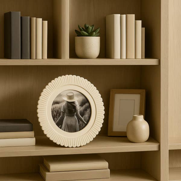 Photo Frame - Ivory Resin Round Solid Etched Petal, 4x4 in.