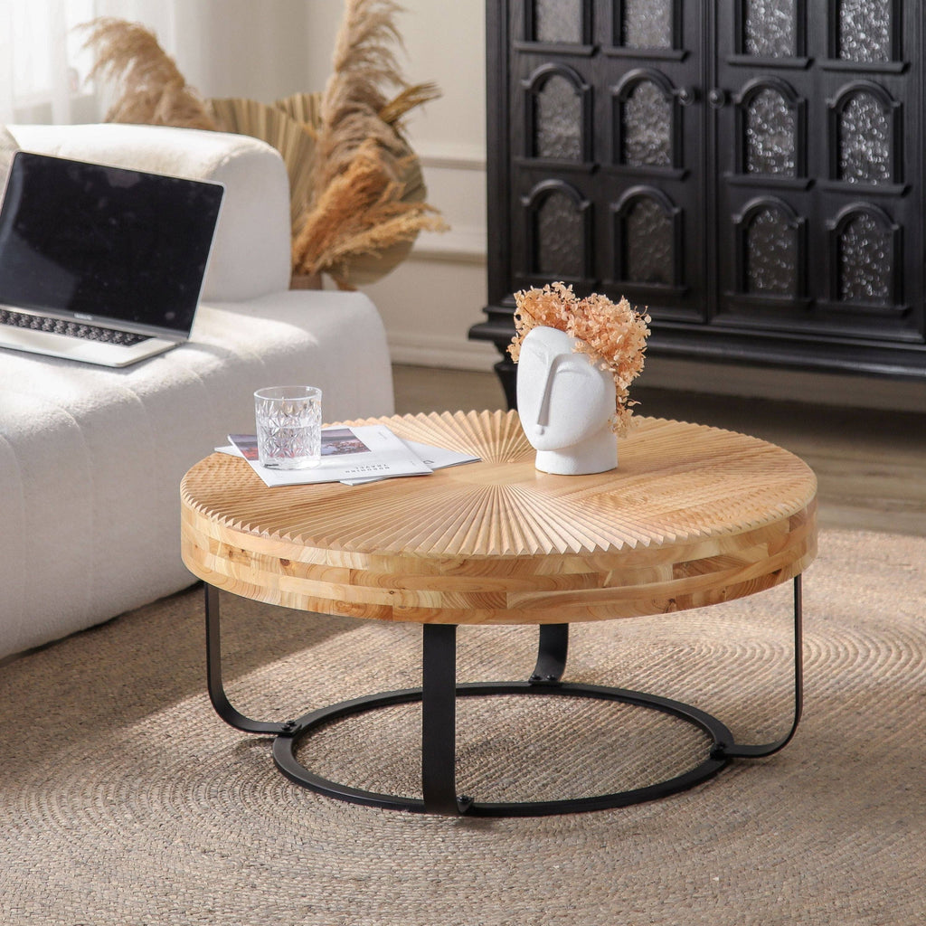 Round Wood Coffee Table with Carved Top and Metal Legs