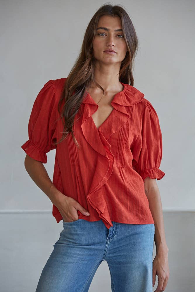 Woven Cotton Buttondown V-Neck Short Sleeve Top