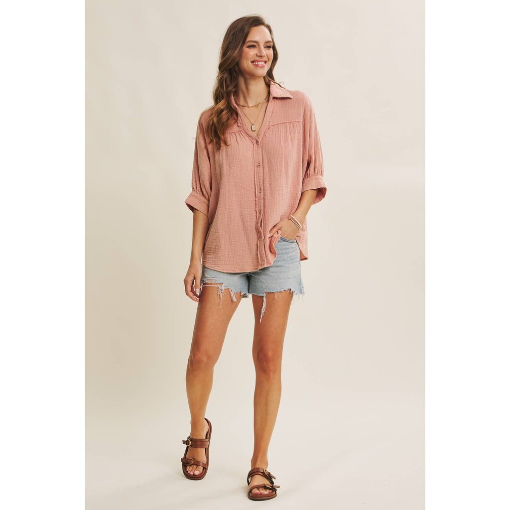 BREATHABLE MINERAL-WASHED COTTON GAUZE BUTTON-DOWN SHIRT