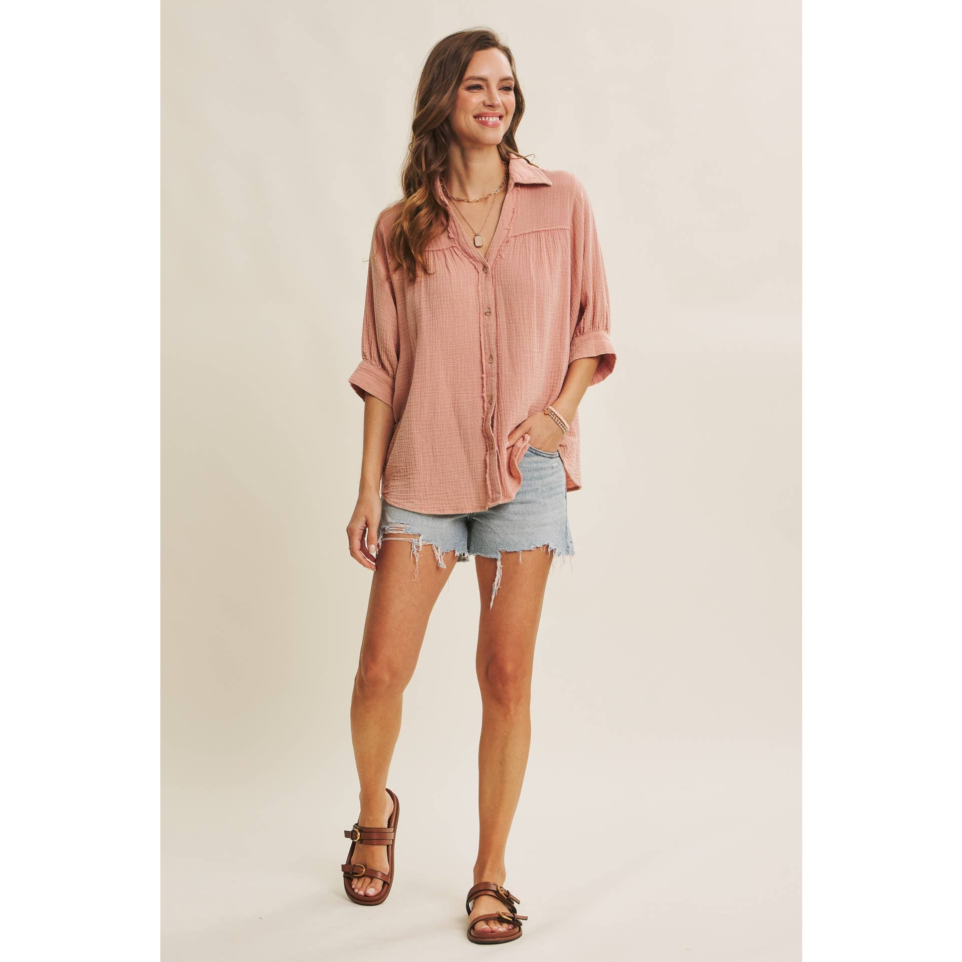 BREATHABLE MINERAL-WASHED COTTON GAUZE BUTTON-DOWN SHIRT