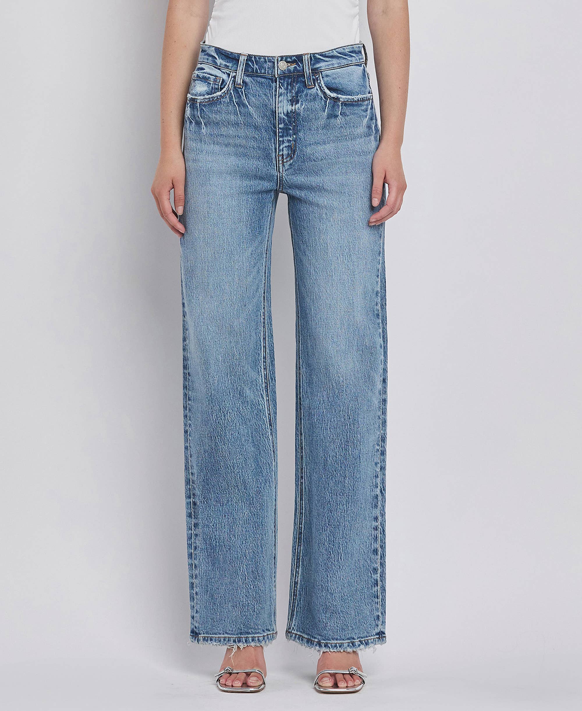 90'S SUPER HIGH RISE MEDIUM WASH WIDE JEANS