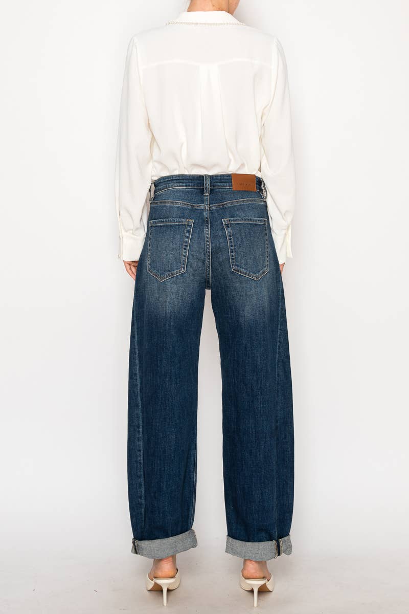 HIGH RISE RELAXED TAPERED DARK WASH BARREL JEANS … PREMIUM