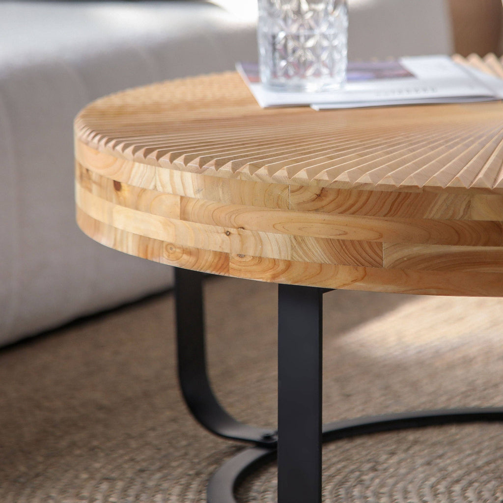 Round Wood Coffee Table with Carved Top and Metal Legs