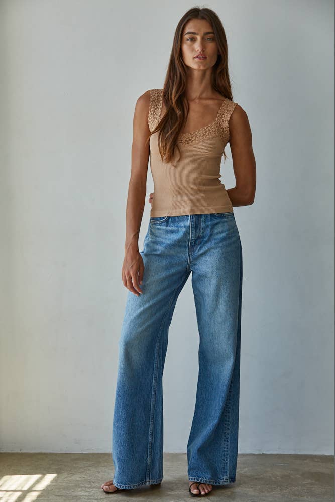 Knit Seamless Ribbed Tank Top with Lace Trim