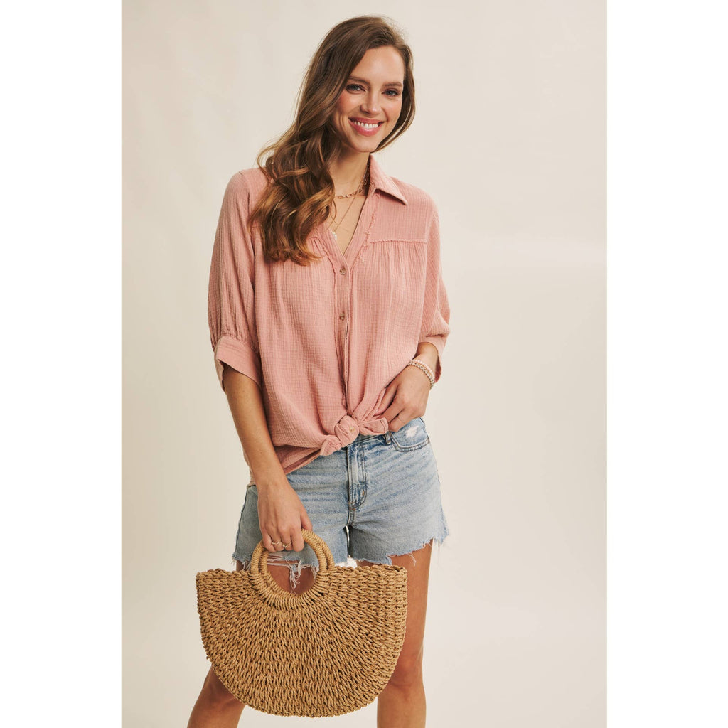 BREATHABLE MINERAL-WASHED COTTON GAUZE BUTTON-DOWN SHIRT