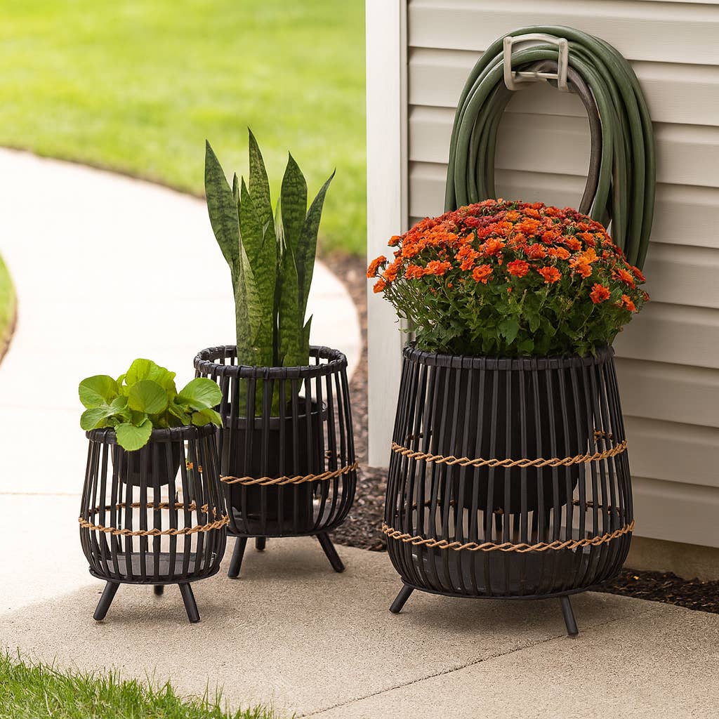 Planters - Black Bamboo Wood Footed, 10/14/17 in.