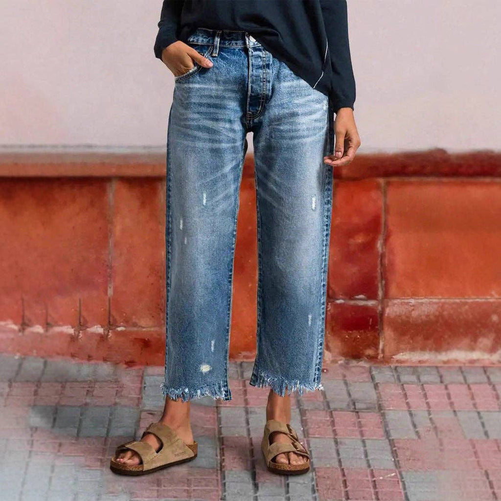 Women's Loose Fit Straight Leg Distressed Cropped Jeans