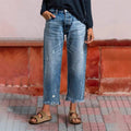 Women's Loose Fit Straight Leg Distressed Cropped Jeans