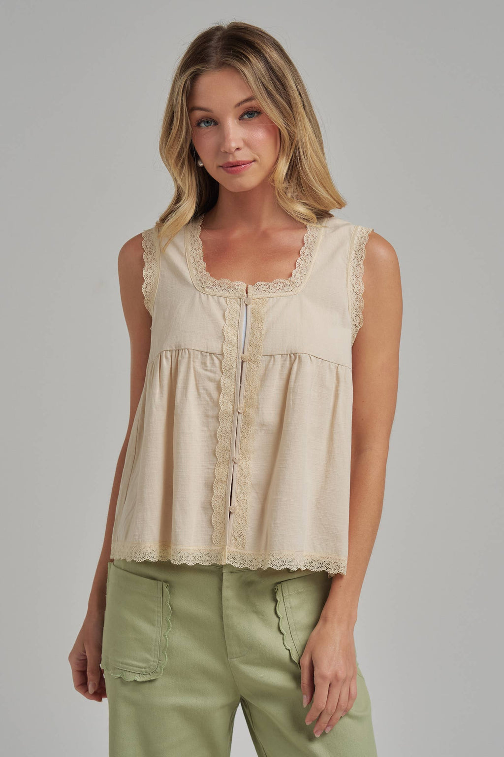 LACE BUTTON DOWN SLEEVELESS BLOUSE TOP