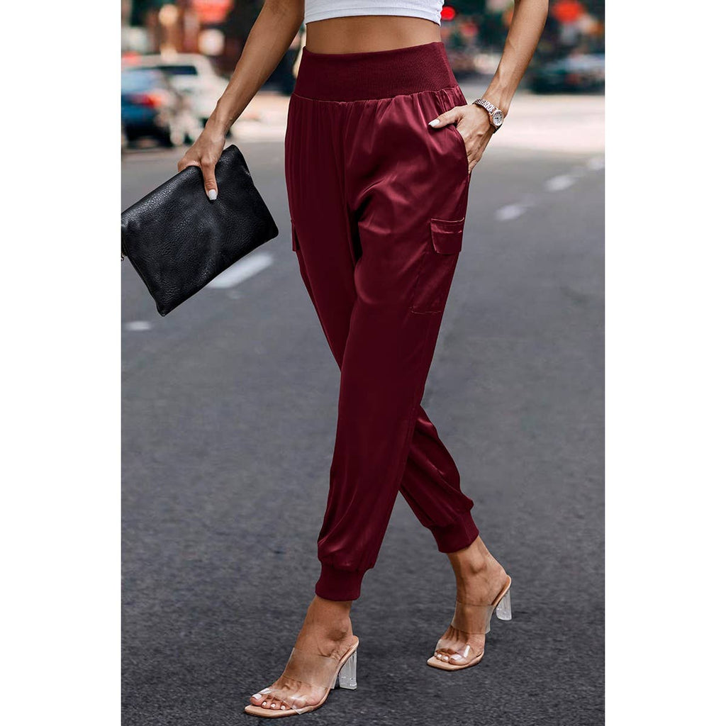 High Waist Long Pant Trousers With Pocket Satin Jogger Pants