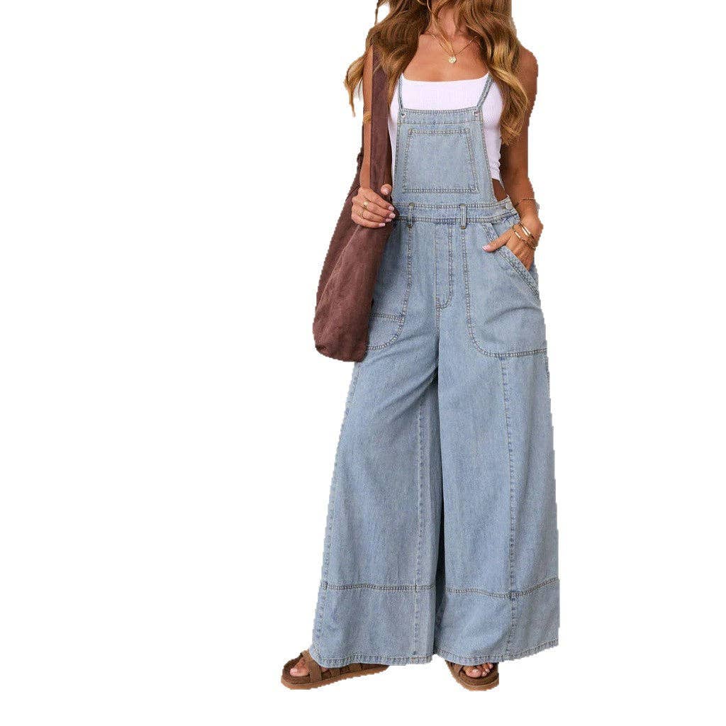 Women Blue Wide Leg Pocket Denim Overalls Jumpsuit