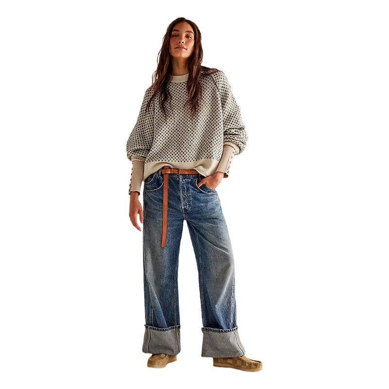 Women Print Round Neck Knit Patchwork Jacquard Sweater